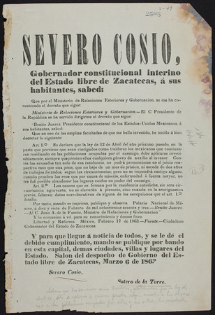 Severo Cosio, Gobernador constitucional interino del Estado libre de Zacatecas ... Que por el Ministerio de Relaciones Est...
