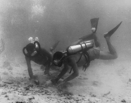 Walter H. Munk and Robert B. Livingston review the sandy ocean bottom of the Vava&#39;u Islands, Tonga