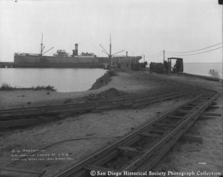 S.S. Harpathian discharging cargo at U.S.N. coaling station, San Diego, [California]
