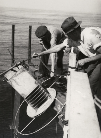 Lowering sediment trap from Scripps Institution of Oceanography pier, with Kenneth Orris Emery in foreground