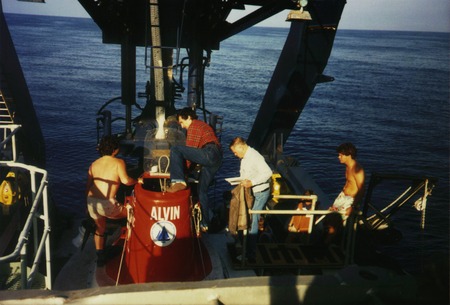 Harmon Craig entering the research submersible Alvin, probably for hydrothermal vent research. n.d.