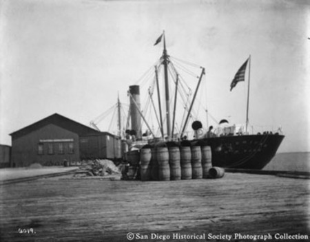 Docked steamer American at California-Oriental Steamship Company wharf