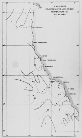 Physical Oceanography of the West Coast, R/V E.W. Scripps Cruise VIII, May 10-July 10,1939, Temperature 200 Meters