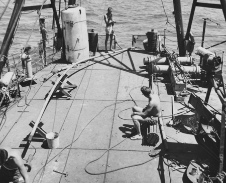 Fantail of the R/V Spencer F. Baird during the Capricorn Expedition, with equipment on deck