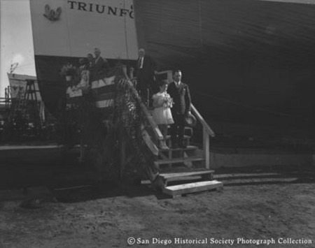 Launching ceremony for tuna boat Bernadette, February 9, 1946, tuna boat Triunfo in background
