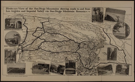 Bird&#39;s-eye view of the San Diego mountains : showing roads to and from Los Angeles and Imperial Valley via San Diego mount...