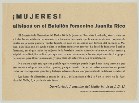 ¡Mujeres! Alistaos en el Batallón femenino Juanita Rico