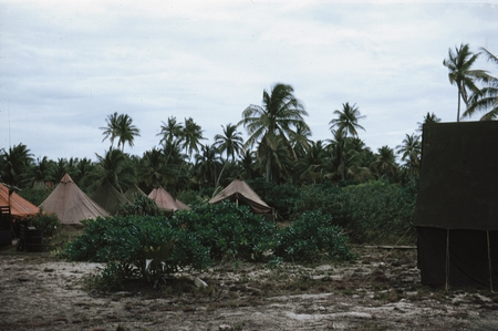 Camp on Bikini Island, this photo was taken by a member of the Capricorn Expedition (1952-1953). Operation Ivy, the U.S. f...