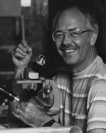 Foraminiferan micropaleontologist William V. Sliter aboard the D/V Glomar Challenger (ship) in the Paleo Laboratory during...