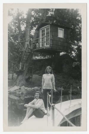 Charlotte Taylor and Mary Taylor on the dam&#39;s edge at Eagle&#39;s Nest retreat, San Diego County