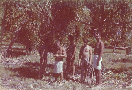 Oceanographer Roger Revelle (extreme right) with other scientists at the Bikini Atoll encampment located in the Marshall I...