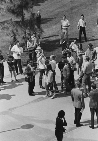 Students protesting against the Vietnam War and dispersing from Urey Hall, UC San Diego