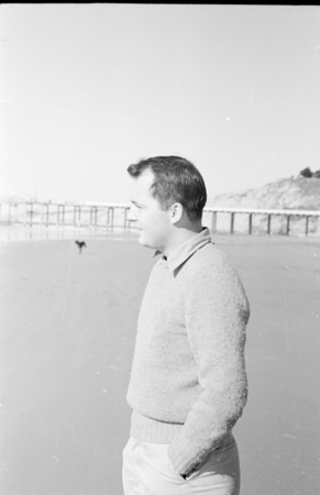 unidentified man on Scripps Institution of Oceanography beach. Circa 1948.