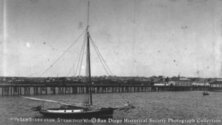 [View of sailboat and San Diego waterfront from Pacific Steamship Company wharf]