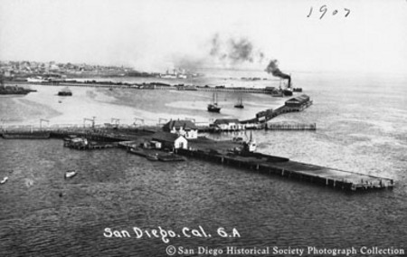 Bird&#39;s-eye view of San Diego harbor showing Santa Fe Wharf