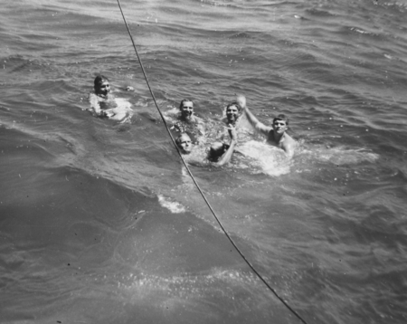 Mid Ocean swim break. Left to right: Roger Revelle, Louis Garrison, Deane Carlson, [William C.] &quot;Buddy&quot; King, Bob Dill