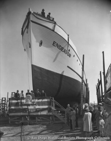 Launching of tuna boat Endeavor at Campbell Machine Company, San Diego