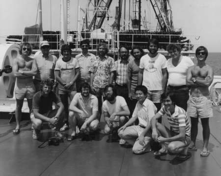 Scientific staff on board the D/V Glomar Challenger (ship) during Leg 66 of the Deep Sea Drilling Project. 1979.