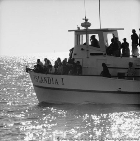 People on board whale watching tour boat Islandia I