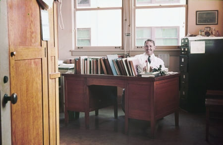 Denis Llewellyn Fox in his office. Fox was a professor of Marine Biochemistry at Scripps Institution of Oceanography. Circ...