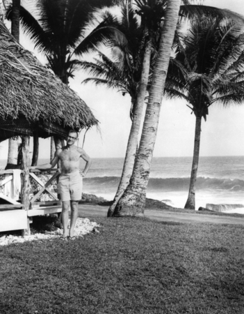 Walter Heinrich Munk, near the fale he lived and worked in while in American Samoa where he worked to track storm driven w...