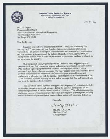 Letter from Trudy H. Clark, Major General, U.S. Air Force, Acting Director, on the occasion of J. Robert Beyster&#39;s retirement