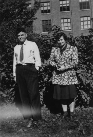 Carl L. Hubbs and Laura Clark Hubbs outside the Museum of Zoology building, University of Michigan, Ann Arbor