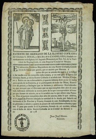 Patente de hermano de la ilustre Cofradia del glorioso S. Dimas y Nrâ Srà. de la Candelaria, fundada canonicamente en la I...