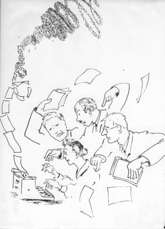 Drawing depicting Richard Fleming, Harald Sverdrup and Walter Munk watching Ruth Ragan type text for The Oceans: Their Phy...