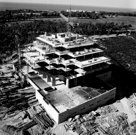 Aerial view of the construction of Geisel Library (looking west), UC San Diego