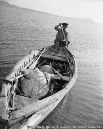 Fisherman in rowboat with sea turtles caught in Los Angeles Bay, Baja California