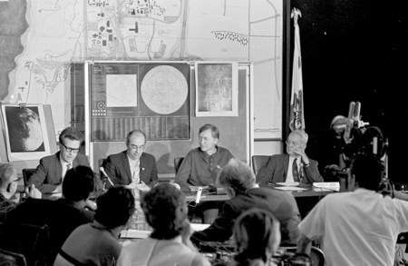 Left to right: Kurt Marti, James Arnold, Gustaf Arrhenius, Harold Urey at moon rock research press conference, UC San Diego