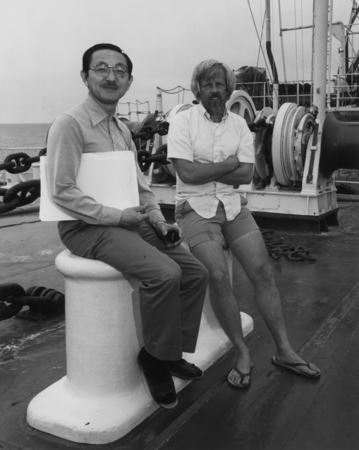 Co-Chief Scientists Hideo Kagami (left) and Dan Karig (right) on the deck of the D/V Glomar Challenger (ship) during Leg 8...
