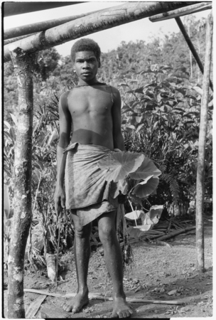 Boy by house frame, holding taro plant.