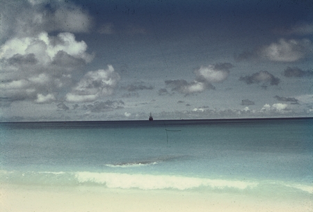 View of research ship Horizon as seen from beach at the Bikini Atoll encampment, during the MidPac Expedition (1950). 1950.