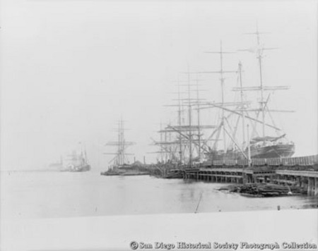 Docked sailing ships, Santa Fe and Pacific Coast Steamship Company wharves