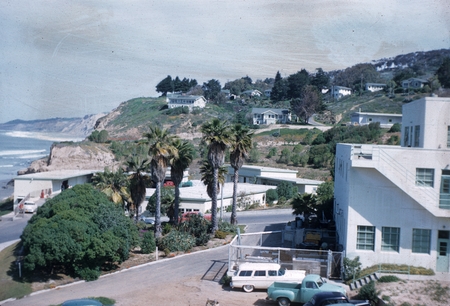 Looking north from the roof of Ritter Hall to the cottages on the campus of Scripps Institution of Oceanography. April 1957.