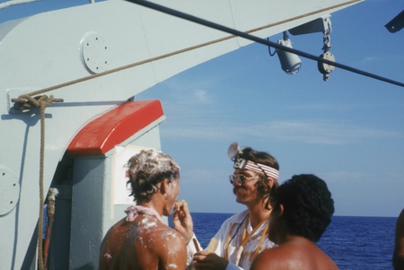 Crossing the Line ceremony, onboard the Thomas Washington during the Indopac Expedition Leg 8. Bob Kieckhefer, Roger Batte...