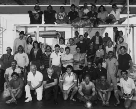 Crew of Leg 94 of the Deep Sea Drilling Project aboard the D/V Glomar Challenger (ship). 1983.