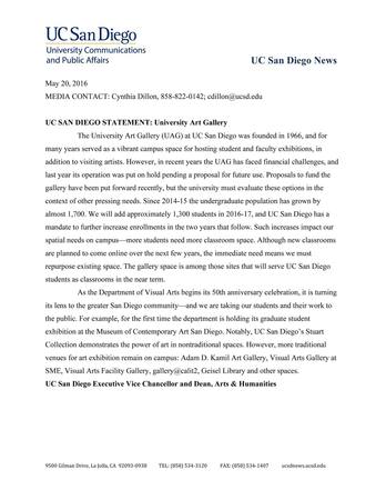 UAG context: official letter: UC San Diego Statement: University Art Gallery