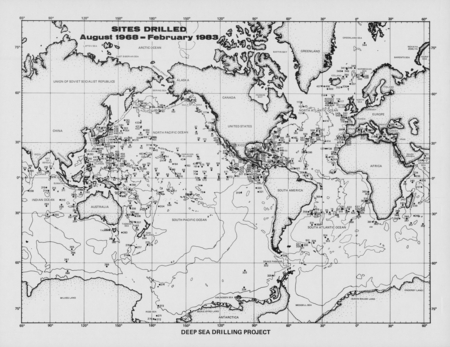 Deep Sea Drilling Project Sites Drilled, August 1968-February 1983. D/V Glomar Challenger&#39;s general track of expeditions d...