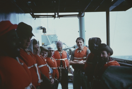 Lifeboat drill, Scorpio Expedition. Dave Muns, second left
