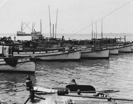 Fishing boats docked on San Diego waterfront, including Angelina and California