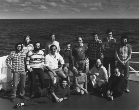 Scientific staff on board the D/V Glomar Challenger (ship) during Leg 81 of the Deep Sea Drilling Project. 1981.