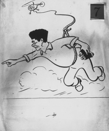 Caricature drawing of Carl L. Hubbs taking whale census from helicopter