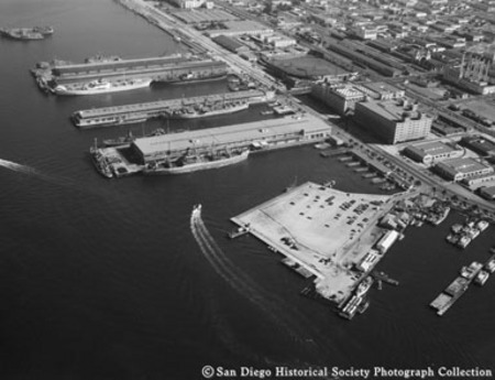 Aerial view of piers, San Diego harbor