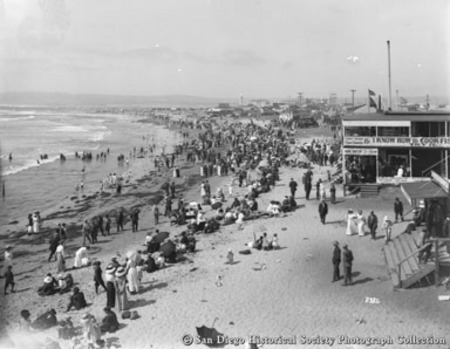 People crowded on beach near Wonderland, Ocean Beach