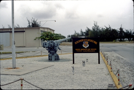 Wake Island [sign: Detachment 4.15 Air Base Wing; Where America&#39;s Day Begins; Commander: Maj. James W. Westmoreland, Jr.]