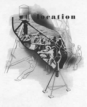 University of California Division of War Research illustration of U.S. Navy crewmen working with an underwater acoustic li...