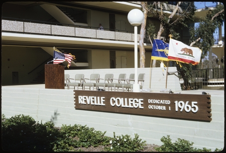 Revelle College dedication ceremony podium, between Bonner and Mayer Hall